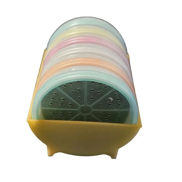 VTG Set of 6 Tupperware Pastel Wagon Wheel Coasters W/ Holder Rack #567-3. - Picture 2 of 7